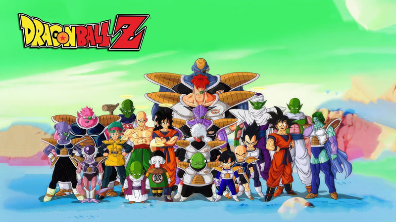Dragon Ball Z characters standing together in a group, with the series logo