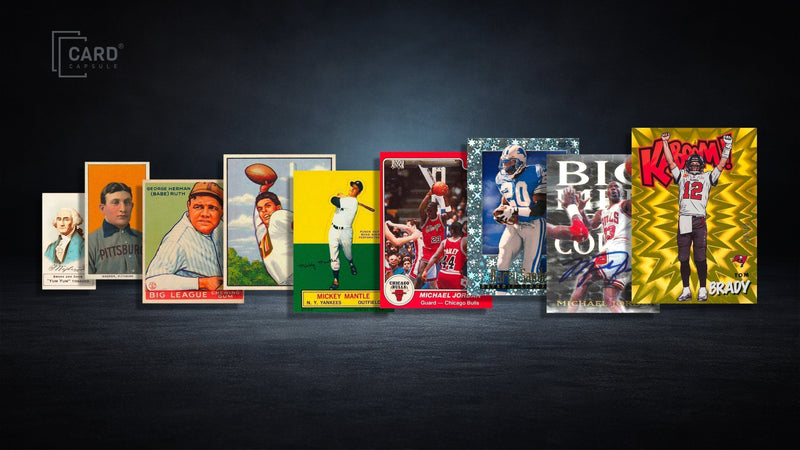 Timeline of sports cards from vintage tobacco cards through modern inserts, arranged left to right