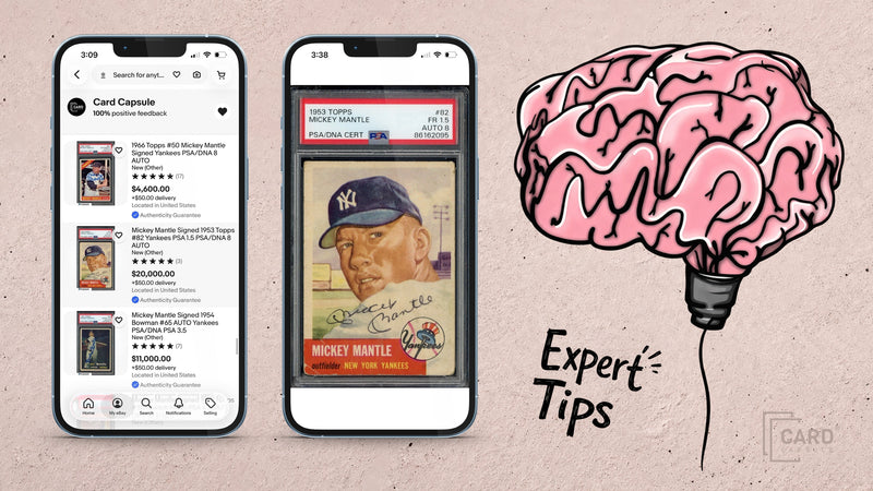 Two phones showing a card marketplace listing and a graded Mickey Mantle card, beside a brain lightbulb illustration labeled Expert Tips