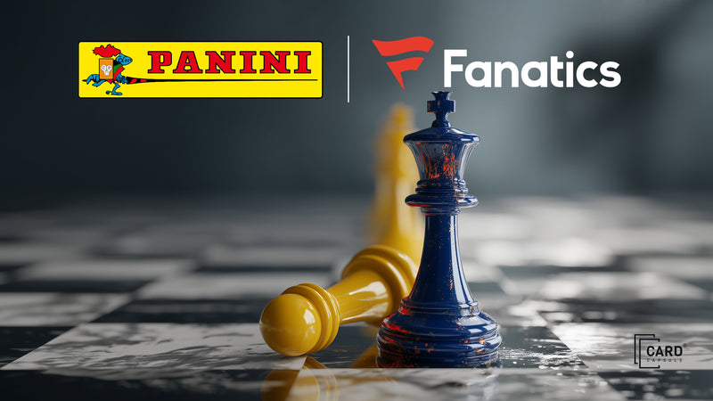 Panini and Fanatics logos above a chess board with a fallen yellow king beside a standing blue king