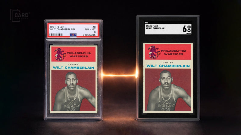 The same vintage basketball card graded twice, in a PSA slab and an SGC slab, connected by a glowing line
