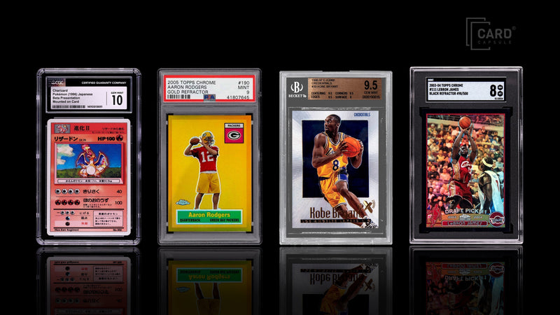 Four graded card slabs side by side from CGC, PSA, BGS, and SGC, showing each grader's label style