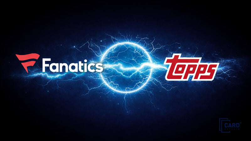 Fanatics and Topps logos flanking a glowing electrical sphere with lightning
