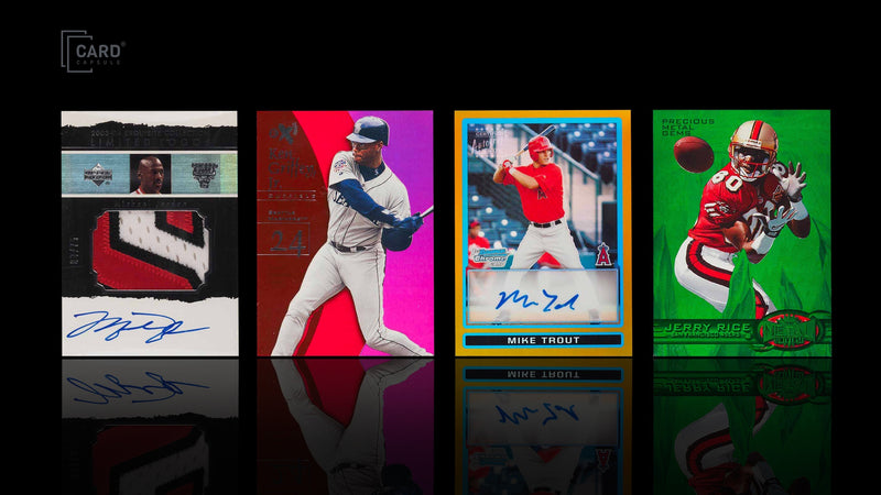 Four sports card inserts side by side: a patch autograph, a refractor, an on-card autograph, and a green parallel
