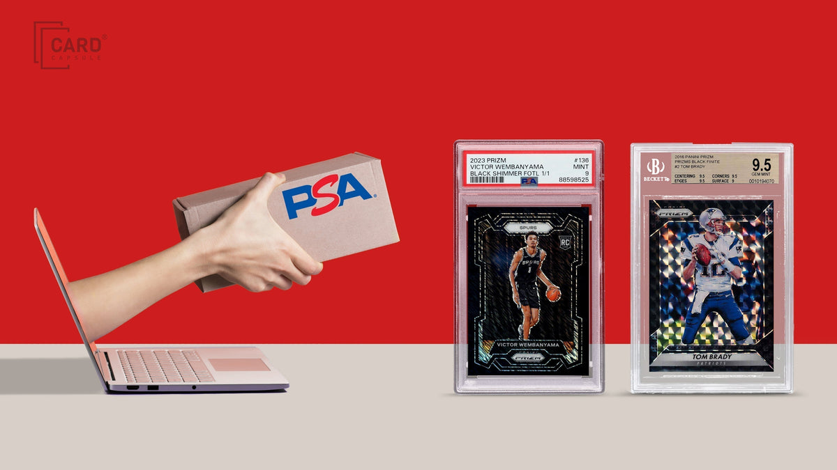 Hand reaching out of a laptop screen holding a PSA shipping box, beside PSA and BGS graded slabs