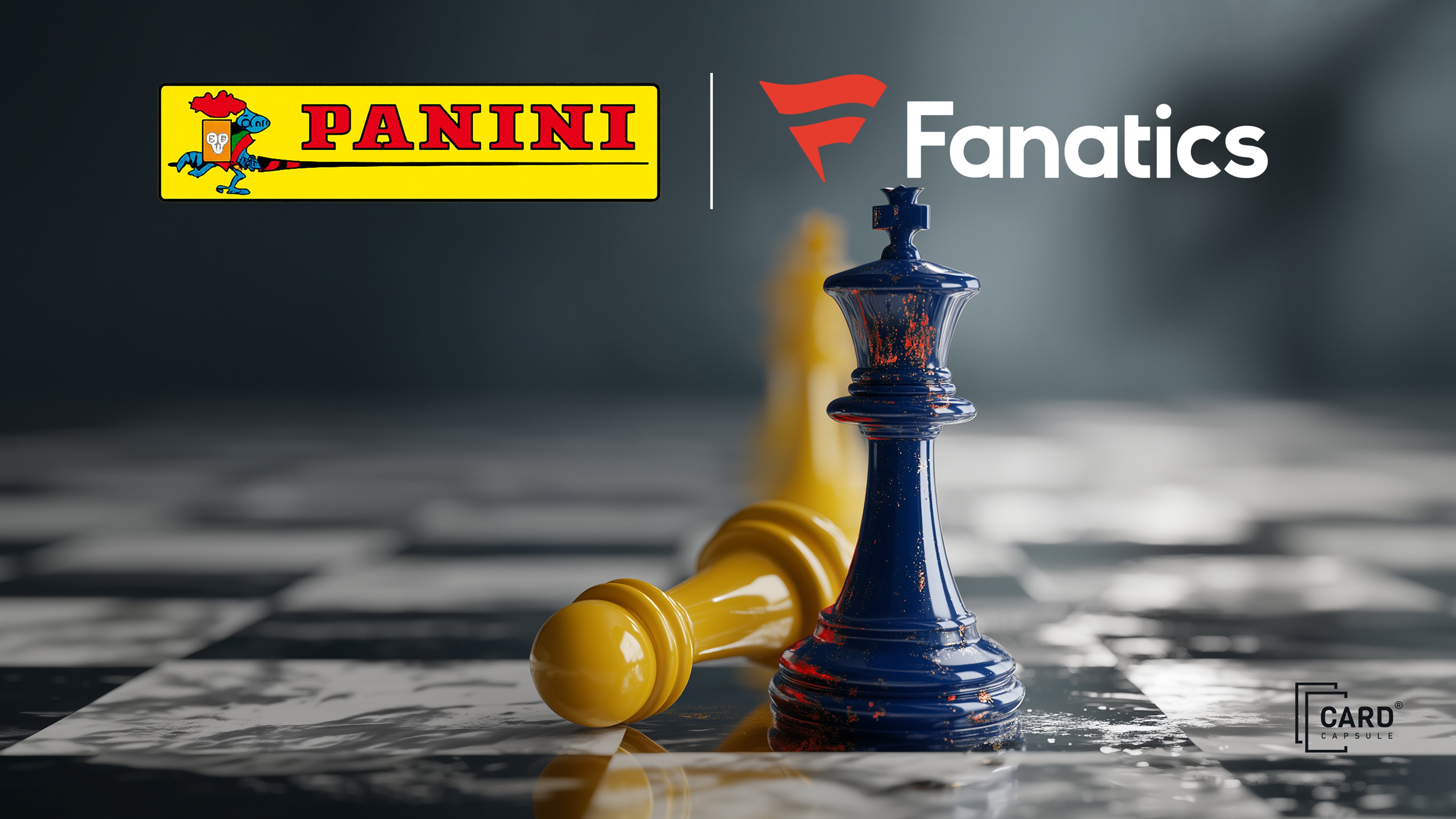 Chess board with Panini and Fanatics logos representing the sports card licensing battle