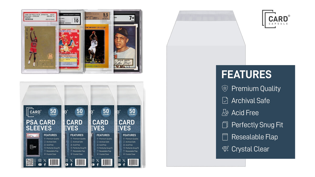 Card Capsule graded card sleeve packs beside graded slabs, with an enlarged sleeve showing acid-free and archival safe features