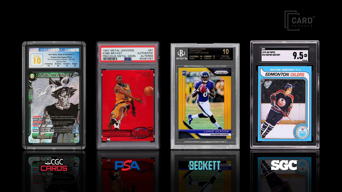 Four graded slabs labeled CGC, PSA, Beckett, and SGC, shown left to right with each grader's logo