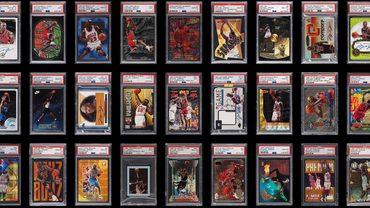 Grid of PSA-graded basketball card slabs arranged in rows on a dark background