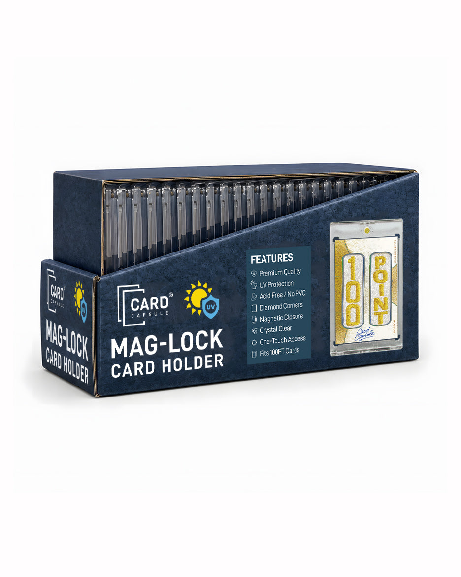 100pt Mag-Lock Card Holder box angled left, showing the holders stacked upright inside