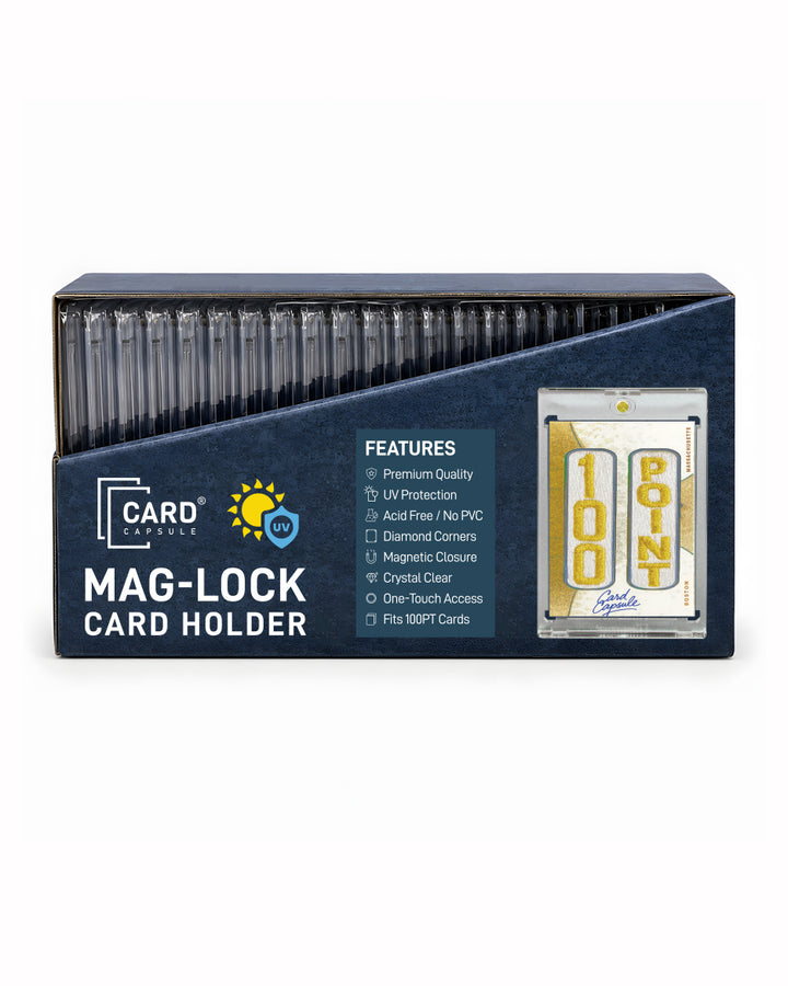 Card Capsule 100pt Mag-Lock Card Holder retail box, front view, listing UV protection and magnetic closure
