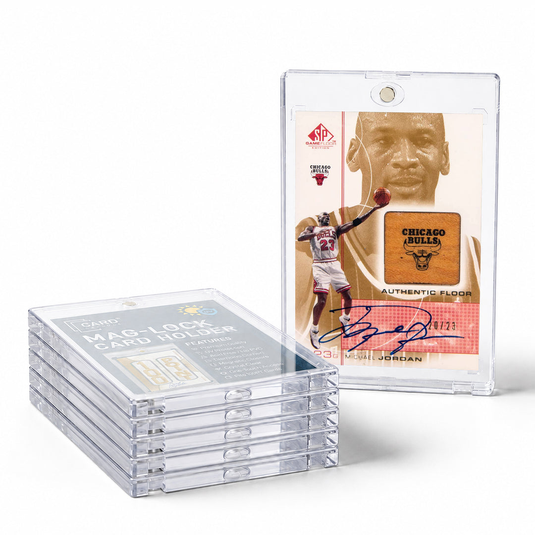 Stack of Card Capsule 100pt Mag-Lock card holders beside an autographed floor relic card sealed in one