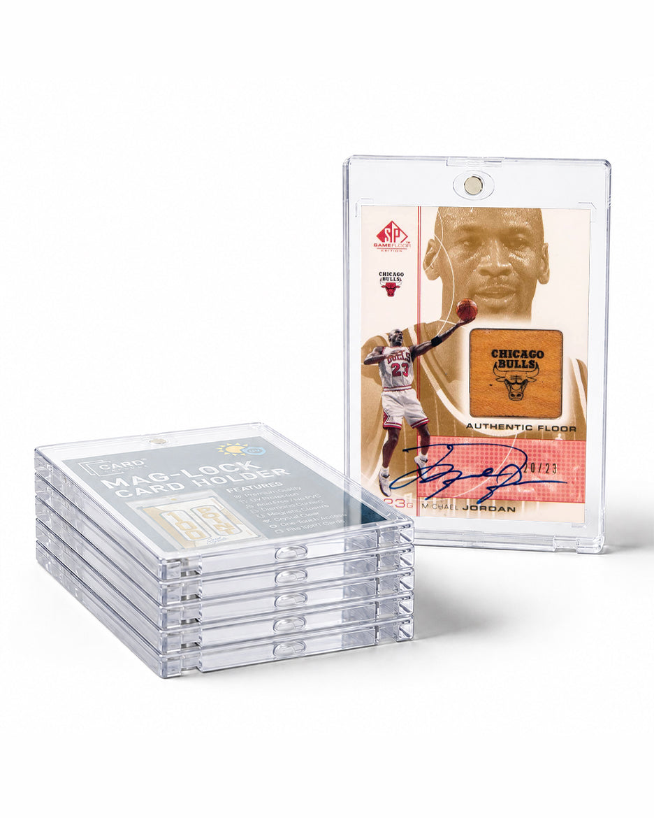 Stack of Card Capsule 100pt Mag-Lock card holders beside an autographed floor relic card sealed in one