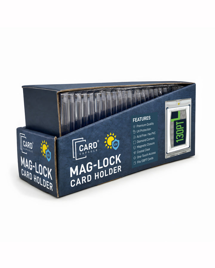 130pt Mag-Lock Card Holder box angled left, showing the holders stacked upright inside