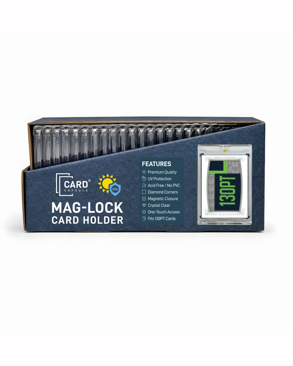 Card Capsule 130pt Mag-Lock Card Holder retail box, front view, listing UV protection and magnetic closure