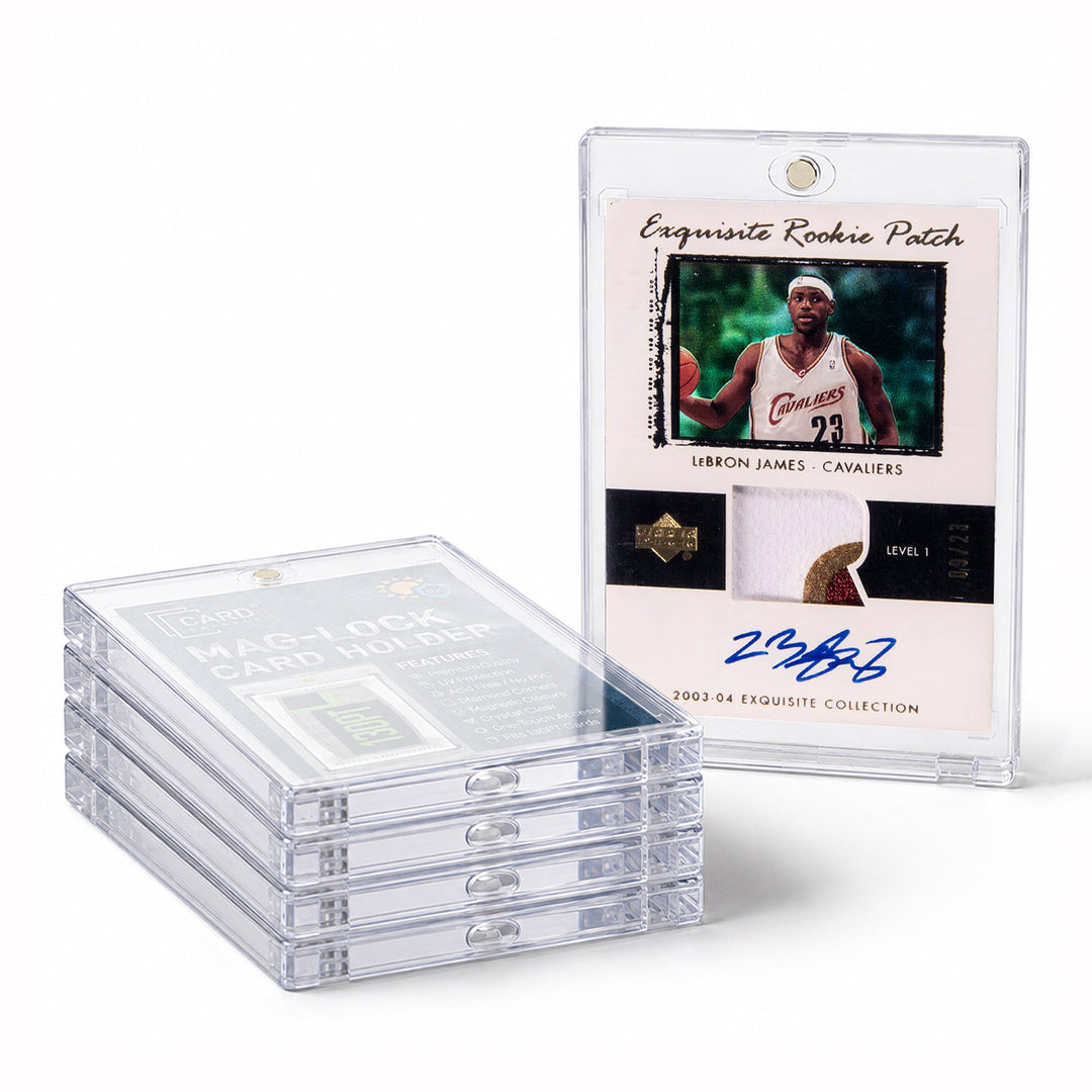 Stack of Card Capsule 130pt Mag-Lock card holders beside an autographed patch rookie card sealed in one