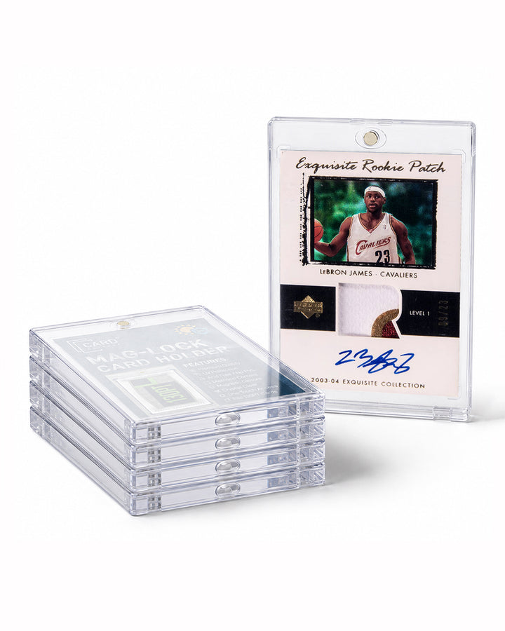 Stack of Card Capsule 130pt Mag-Lock card holders beside an autographed patch rookie card sealed in one