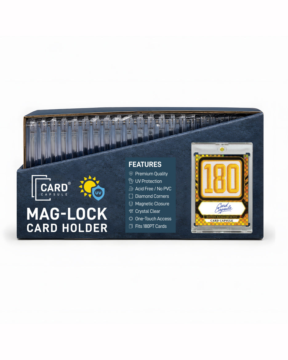 Card Capsule 180pt Mag-Lock Card Holder retail box, front view, listing UV protection and magnetic closure