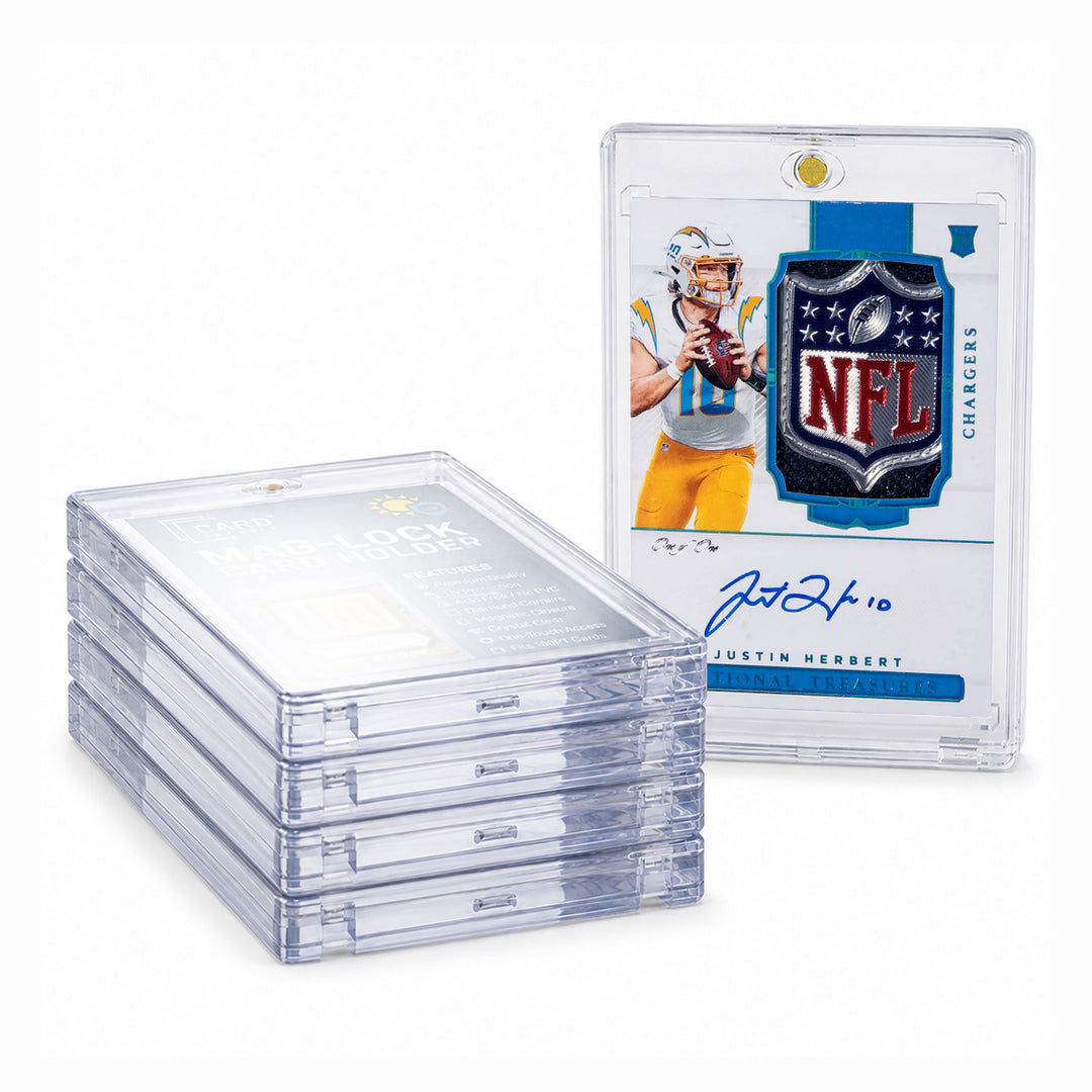 Stack of Card Capsule 180pt Mag-Lock card holders beside an autographed NFL patch card sealed in one
