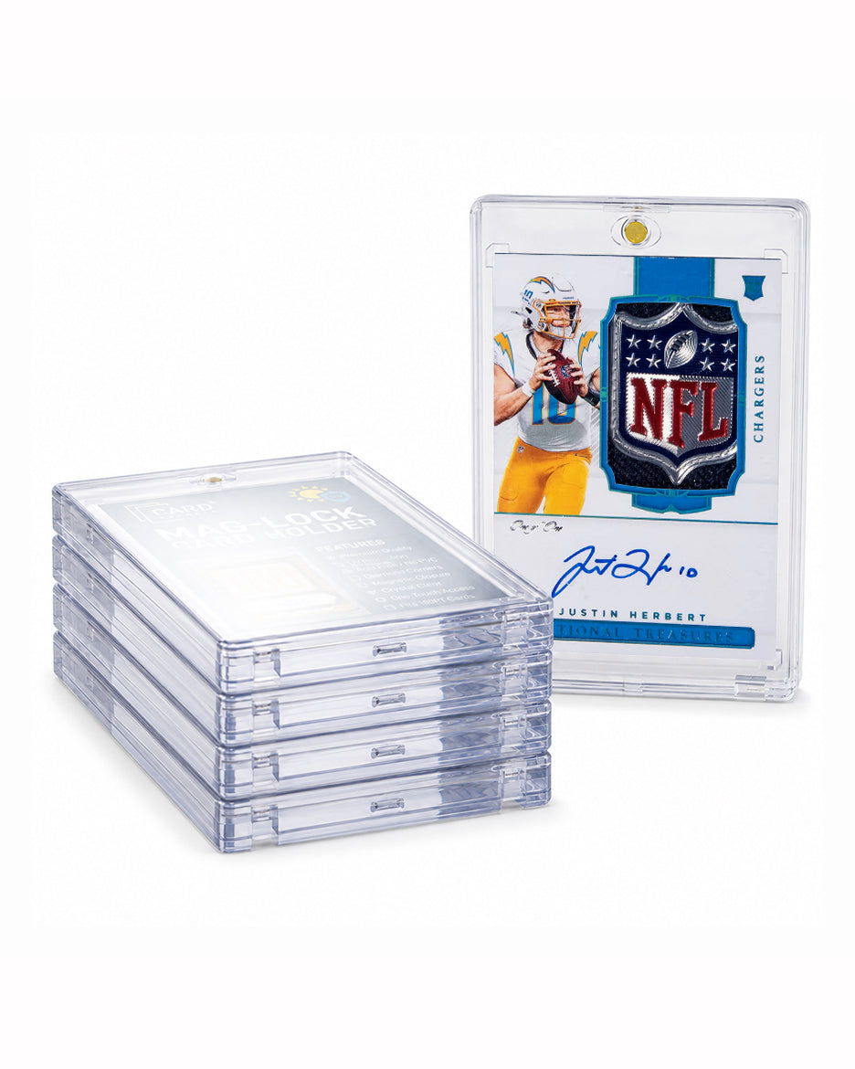 Stack of Card Capsule 180pt Mag-Lock card holders beside an autographed NFL patch card sealed in one