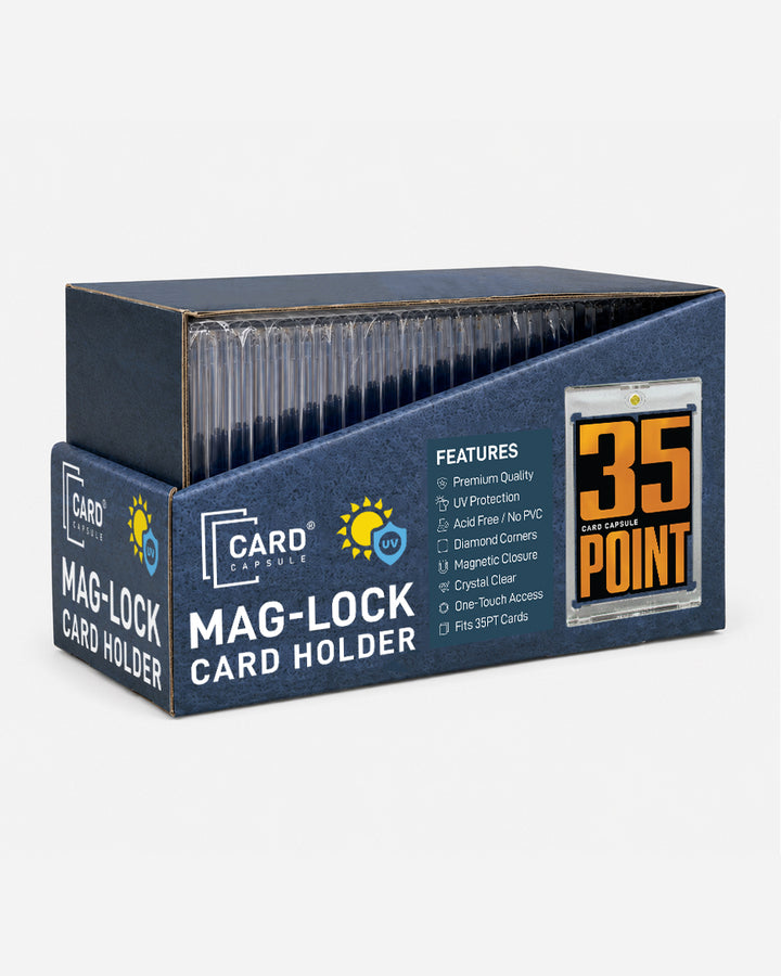 35pt Mag-Lock Card Holder box angled left, showing the holders stacked upright inside