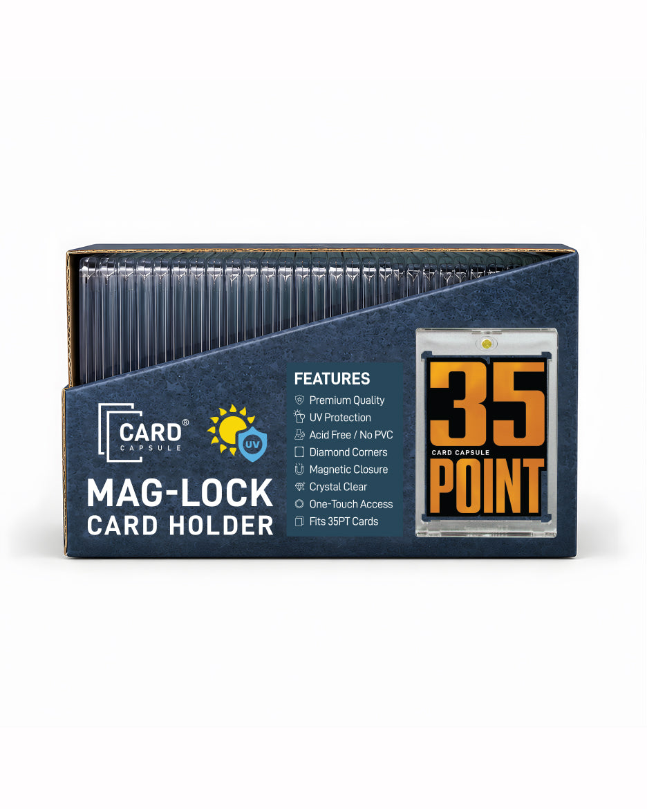 Card Capsule 35pt Mag-Lock Card Holder retail box, front view, listing UV protection and magnetic closure