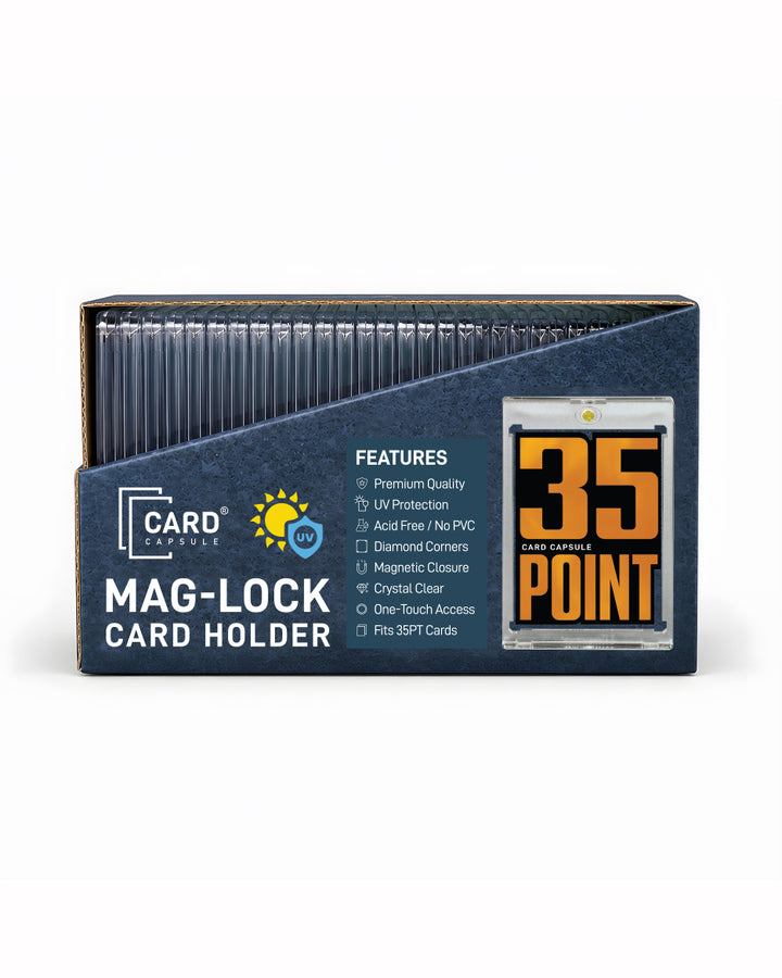 Card Capsule 35pt Mag-Lock Card Holder retail box, front view, listing UV protection and magnetic closure