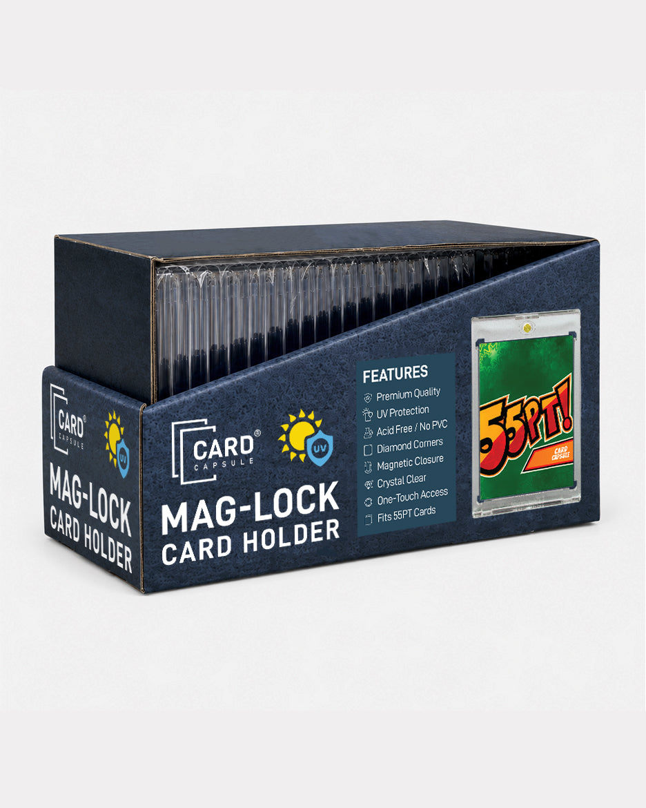 55pt Mag-Lock Card Holder box angled left, showing the holders stacked upright inside