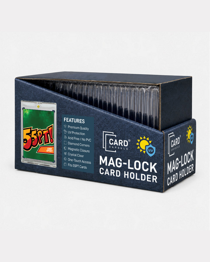 55pt Mag-Lock Card Holder box angled right, showing the side panel and open top