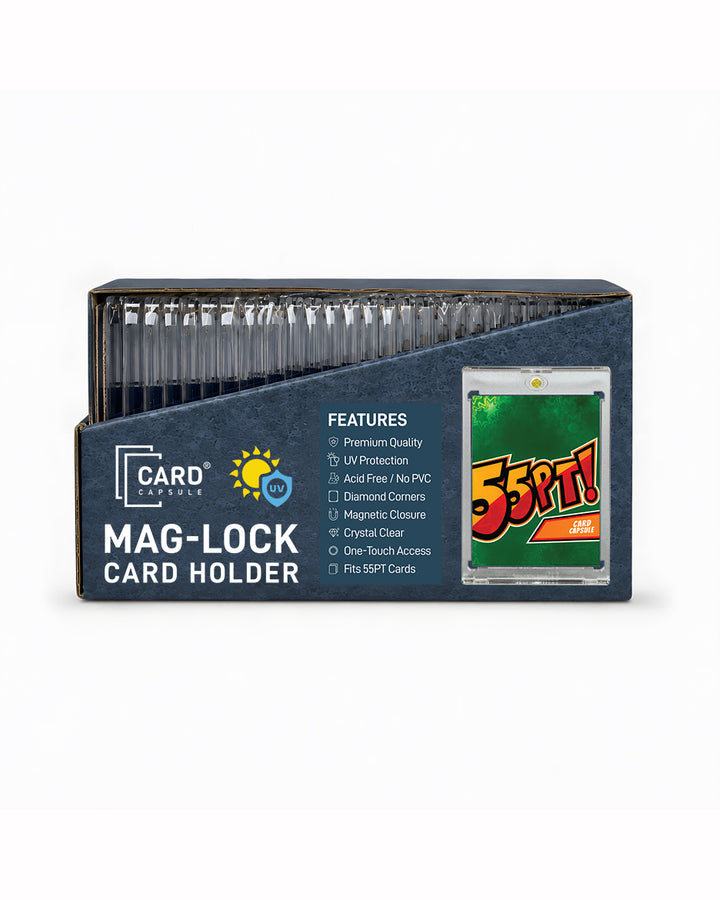 Card Capsule 55pt Mag-Lock Card Holder retail box, front view, listing UV protection and magnetic closure