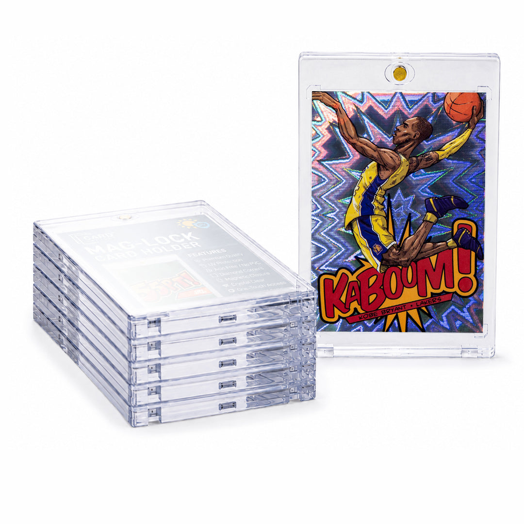Stack of Card Capsule 55pt Mag-Lock card holders beside a comic-art style basketball insert card sealed in one