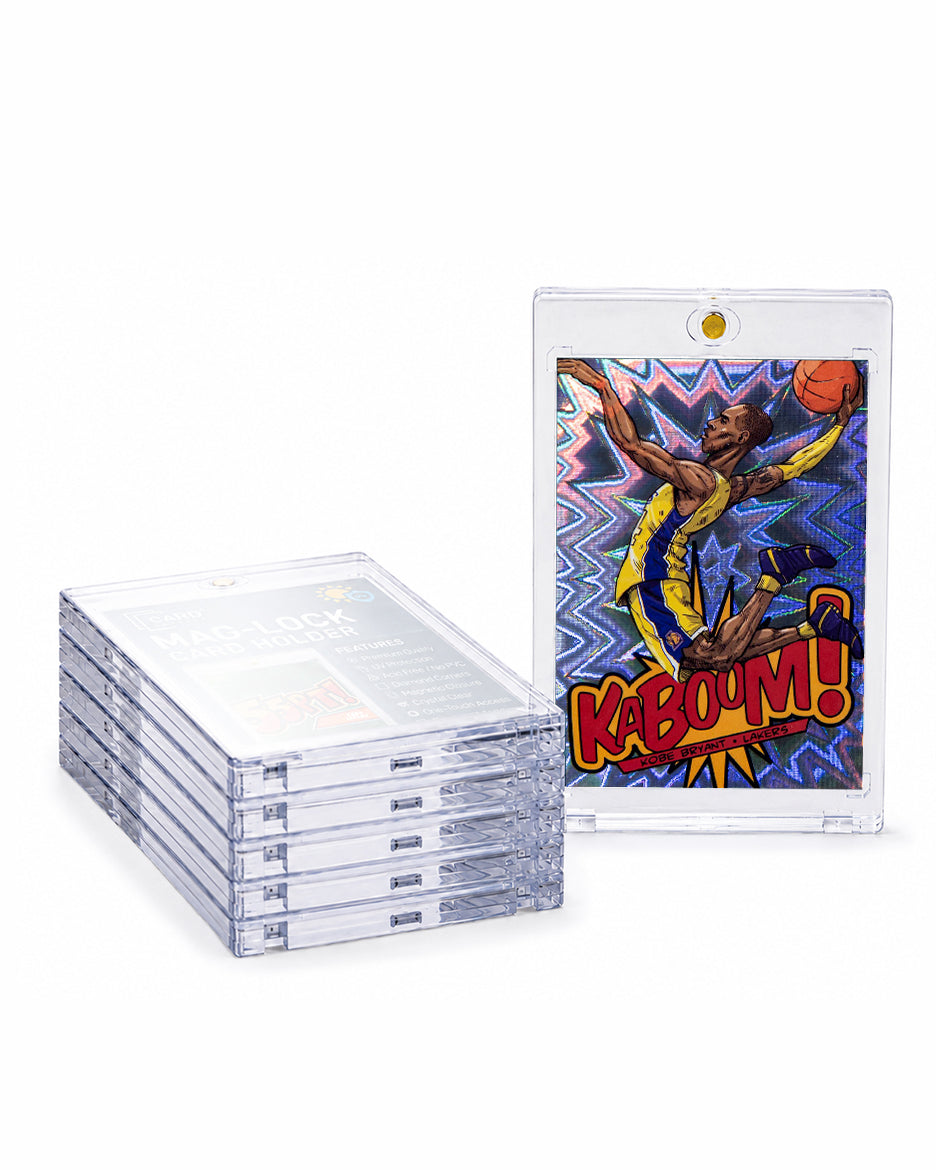 Stack of Card Capsule 55pt Mag-Lock card holders beside a comic-art style basketball insert card sealed in one