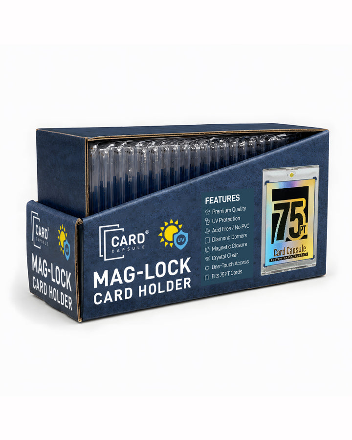 75pt Mag-Lock Card Holder box angled left, showing the holders stacked upright inside