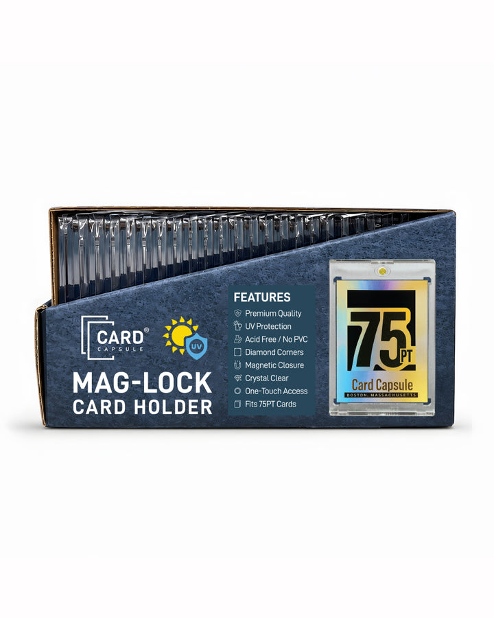 Card Capsule 75pt Mag-Lock Card Holder retail box, front view, listing UV protection and magnetic closure