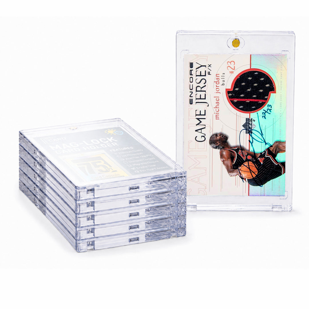 Stack of Card Capsule 75pt Mag-Lock card holders beside an autographed game-worn jersey relic card sealed in one
