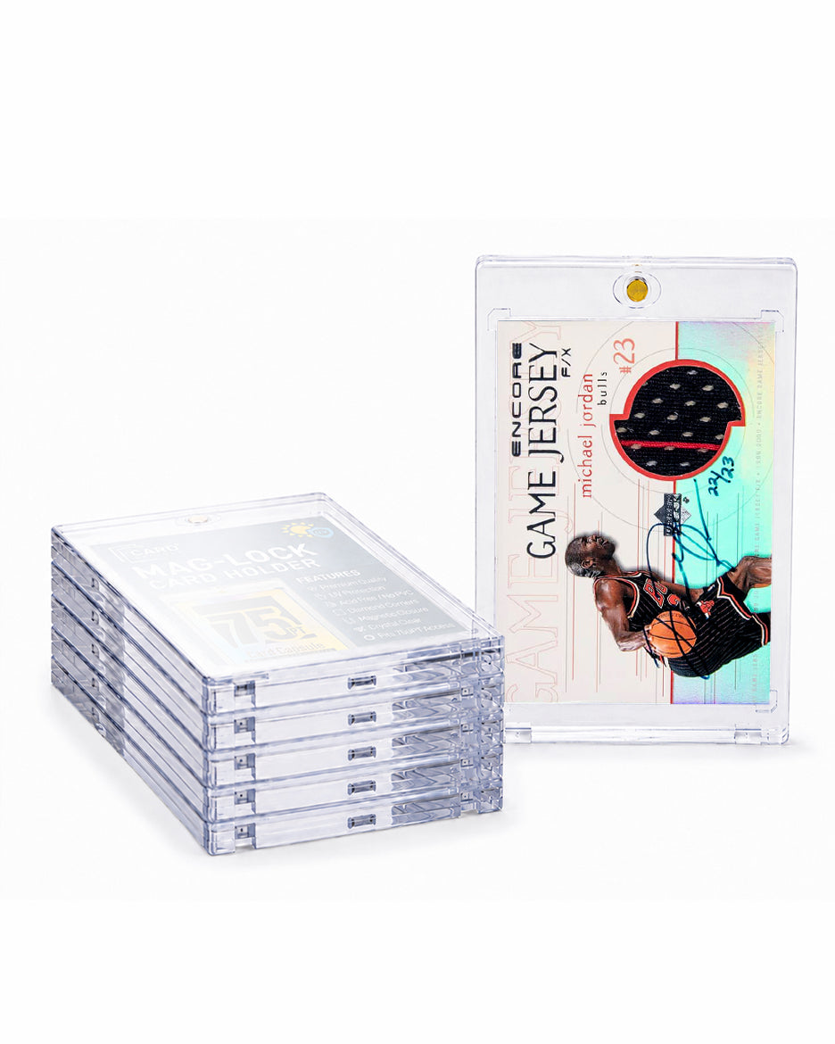 Stack of Card Capsule 75pt Mag-Lock card holders beside an autographed game-worn jersey relic card sealed in one