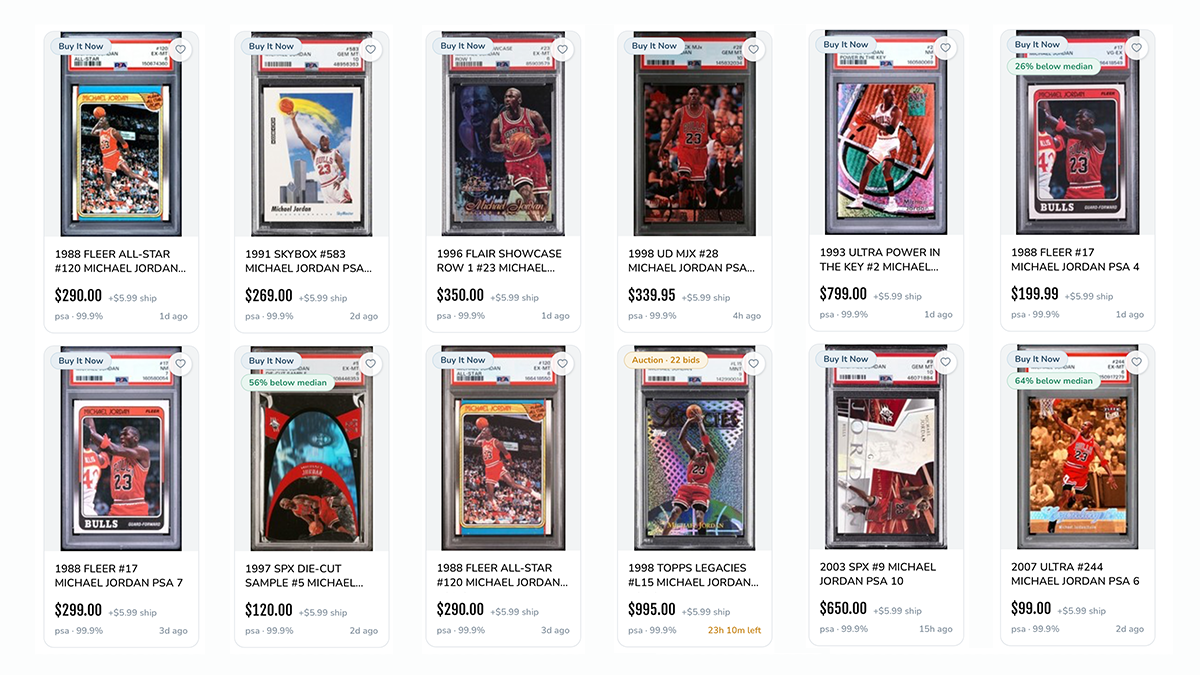 Shop cards tool showing live eBay card listings filtered by grade and price