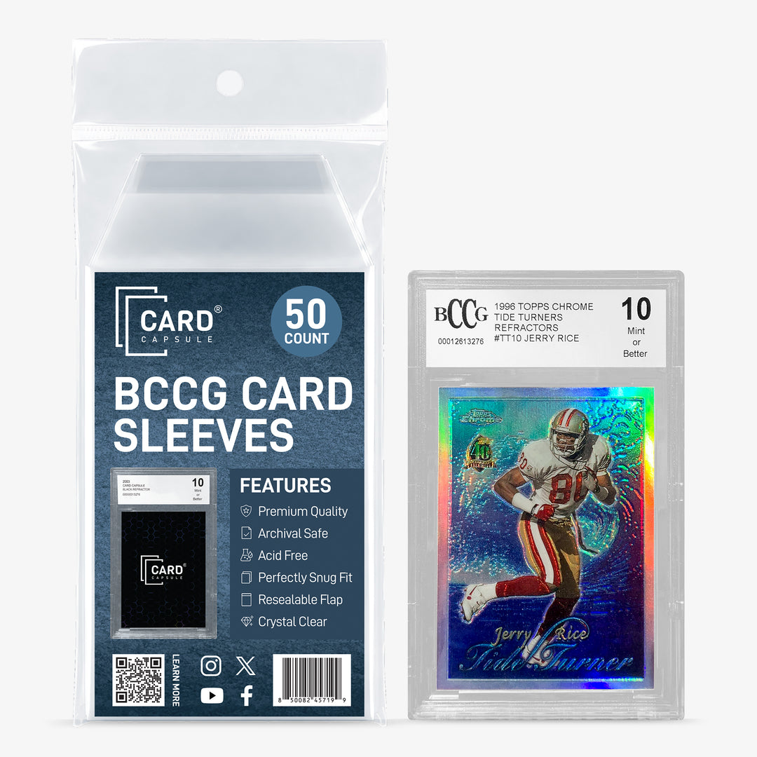 Card Capsule BCCG Card Sleeves 50-count pack beside a BCCG-graded refractor football card in a sleeve
