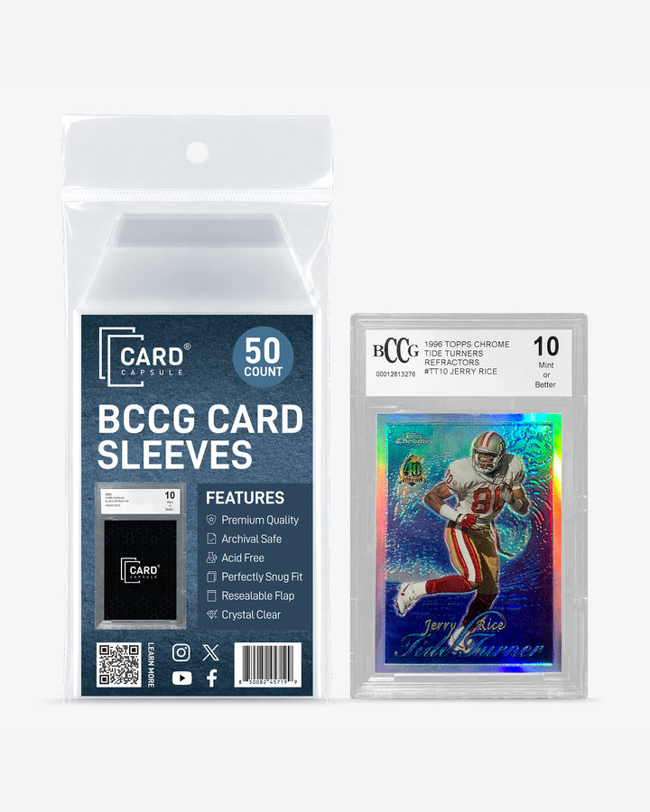 Card Capsule BCCG Card Sleeves 50-count pack beside a BCCG-graded refractor football card in a sleeve