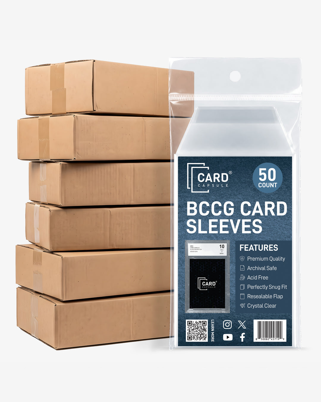 BCCG Card Sleeves pack beside stacked shipping cases, showing bulk quantities available