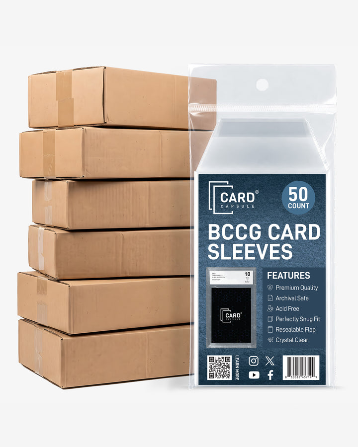 BCCG Card Sleeves pack beside stacked shipping cases, showing bulk quantities available