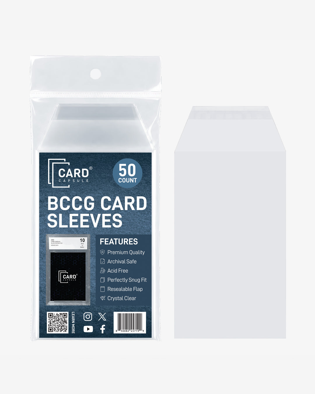 BCCG Card Sleeves pack next to a single clear sleeve, showing the size and resealable flap