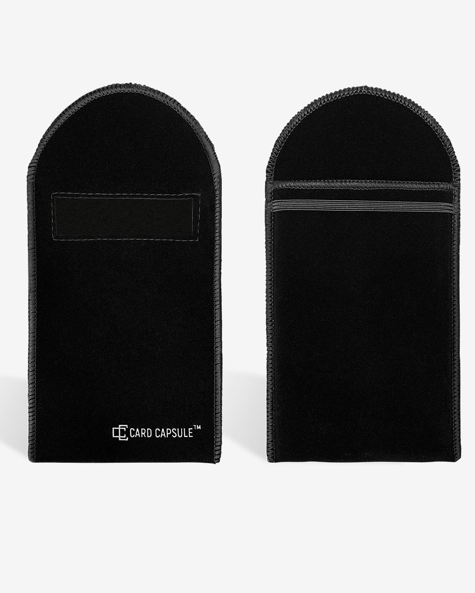 Front and back of a black velvet Card Capsule graded card bag, showing the label window and open top