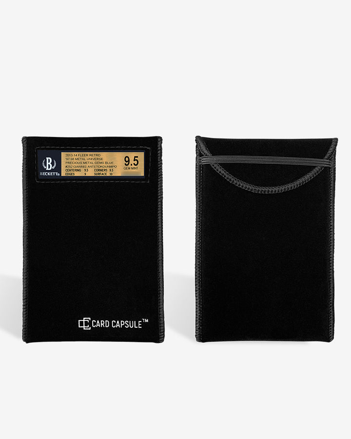 Loaded Card Capsule graded card bag beside an empty one, showing the slip-in opening
