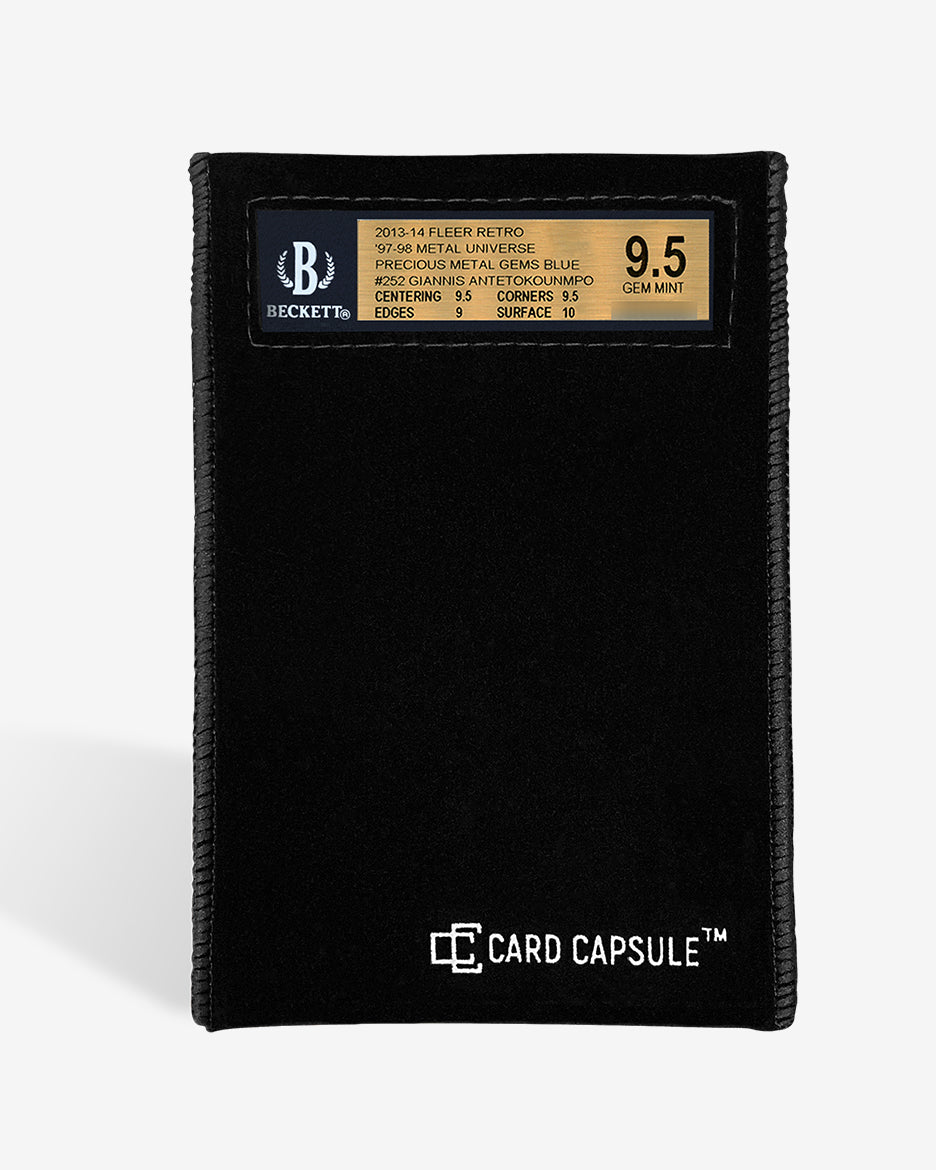 BGS slab inside a black velvet Card Capsule bag, with the grade label showing through the window