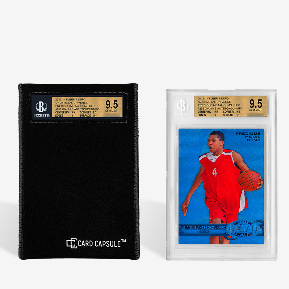 Black velvet Card Capsule graded card bag with a BGS slab label visible through the window, beside the slab itself