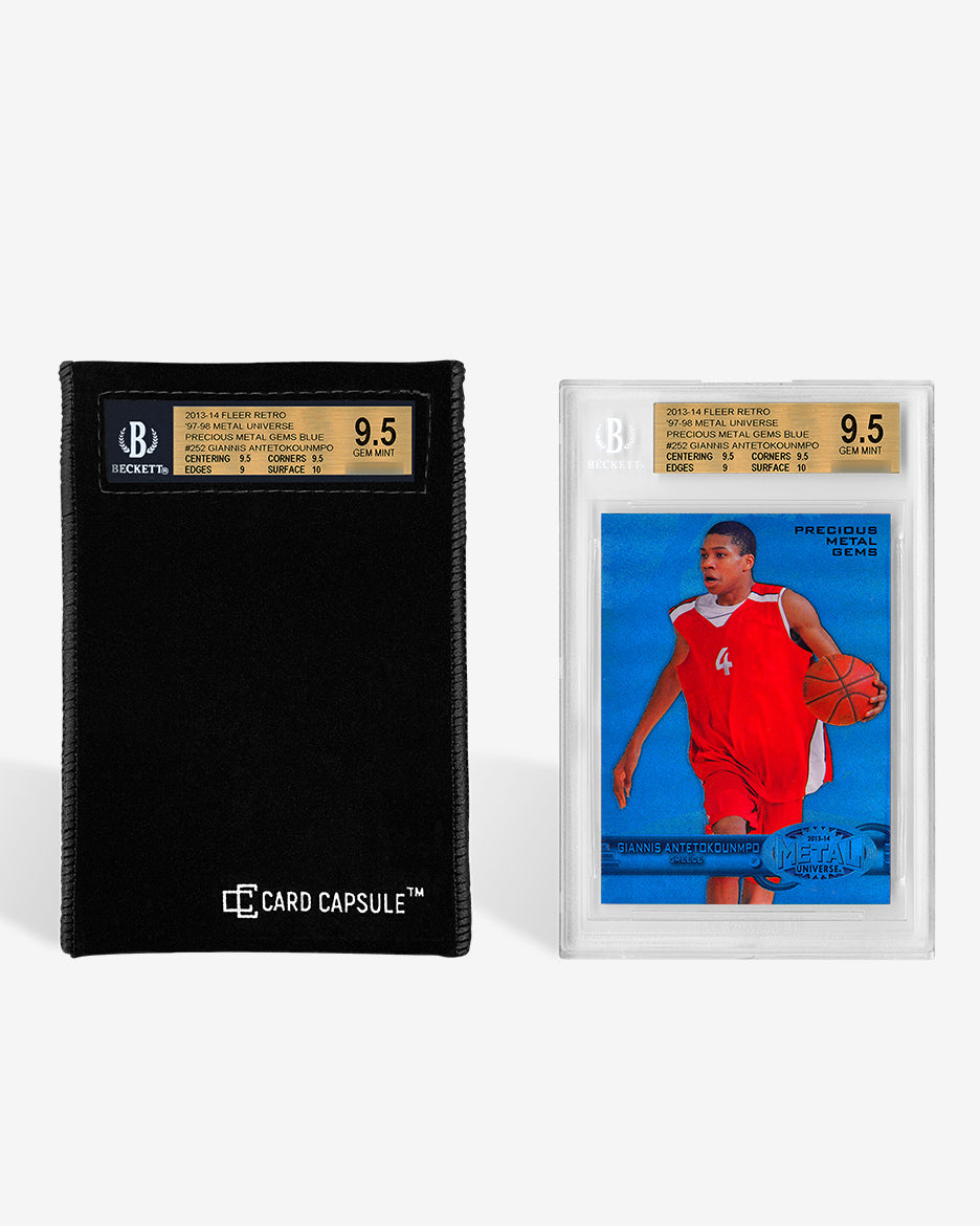 Black velvet Card Capsule graded card bag with a BGS slab label visible through the window, beside the slab itself