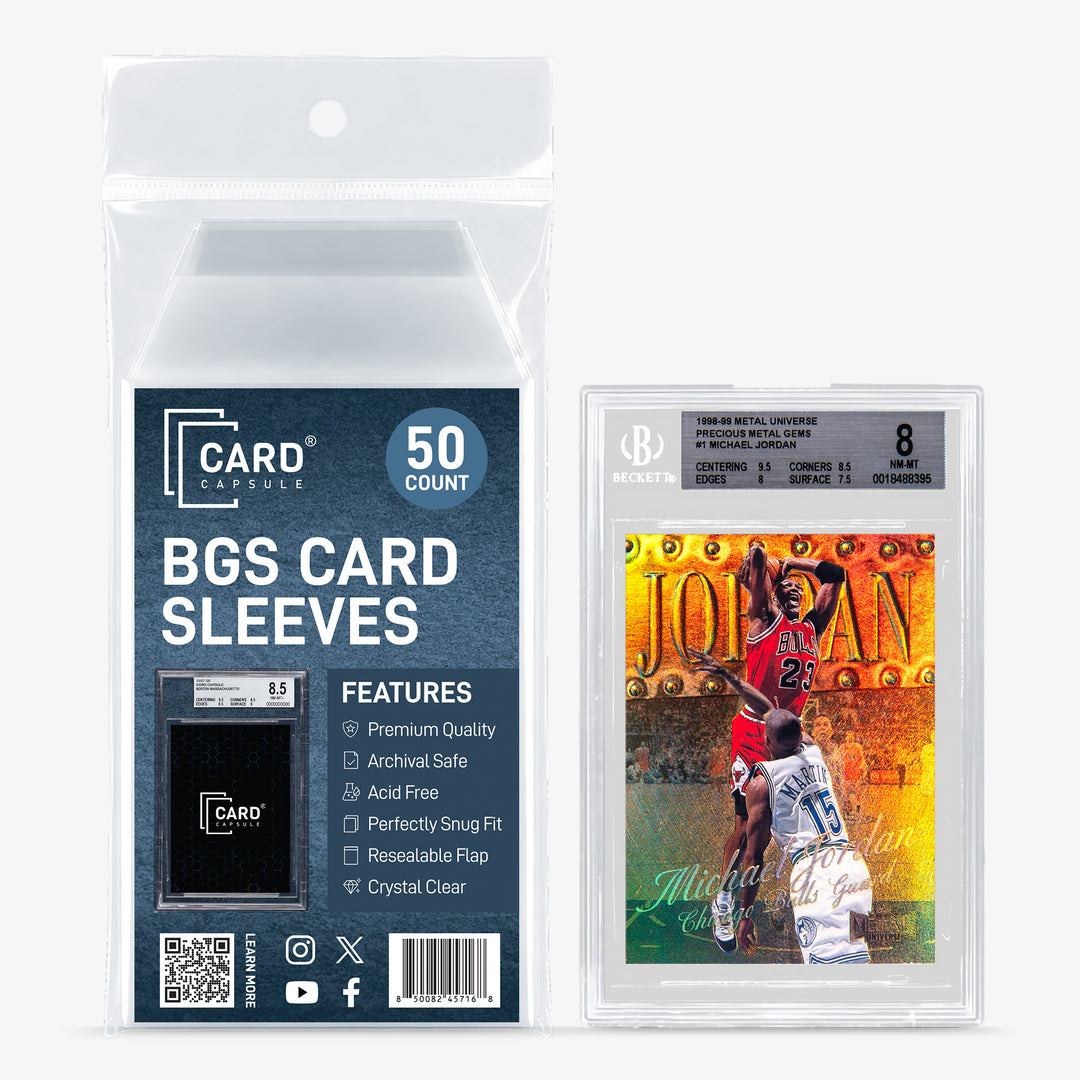 Card Capsule BGS Card Sleeves 50-count pack beside a BGS-graded basketball insert card in a sleeve