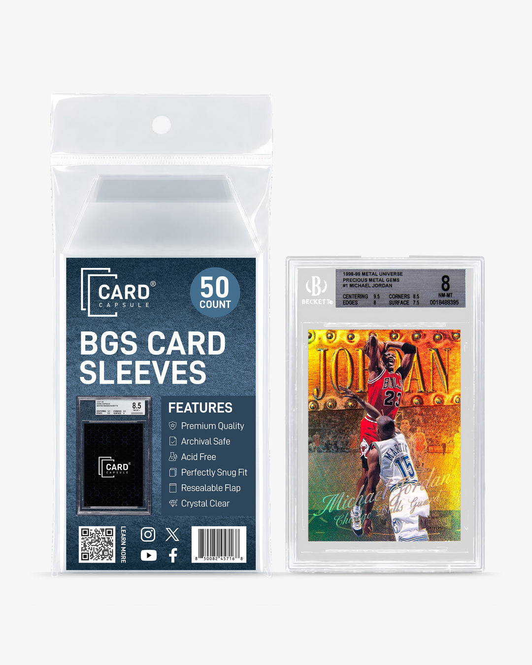 Card Capsule BGS Card Sleeves 50-count pack beside a BGS-graded basketball insert card in a sleeve
