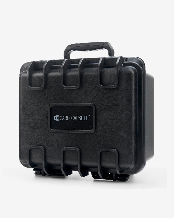 Closed Card Capsule Lite angled left, showing the case depth and side ribbing